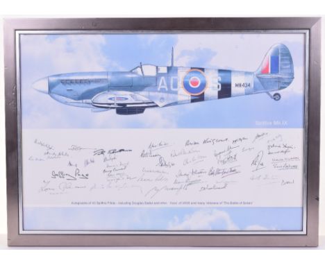 A Framed Print of a Spitfire Mk. IX, with autographs of 43 pilots, including Douglas Bader and other ‘Aces of WWII and many v