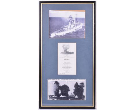 HMS Hood Framed Menu, interesting menu dated 1924 for a dinner for HMS Hood, HMS Repulse and HMS Adelaide. Professionally fra