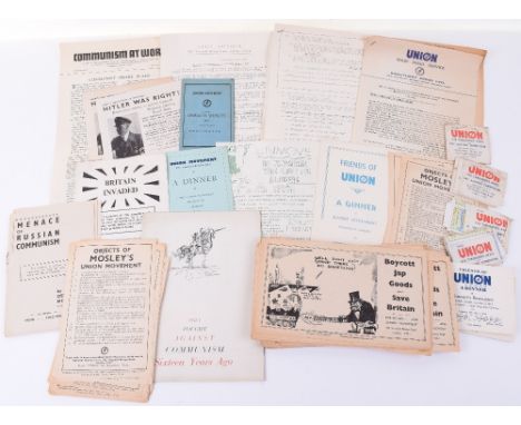 Collection of Ephemera Relating to Oswald Mosley's Union Movement, an important archive of leaflets, booklets Dinner Menues a