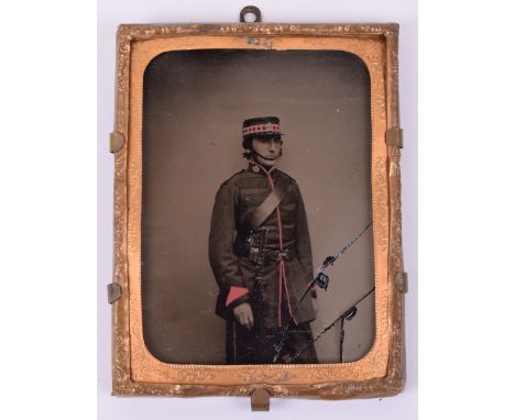 Victorian Coloured Forfar Rifle Volunteers Ambrotype Photograph, showing rifleman in green frogged frock coat with peaked pil