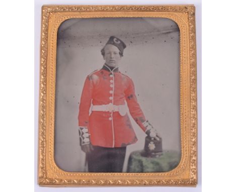 Victorian Coloured Ambrotype Photograph, showing soldier from a militia unit wearing pill box style cap and shako to table be