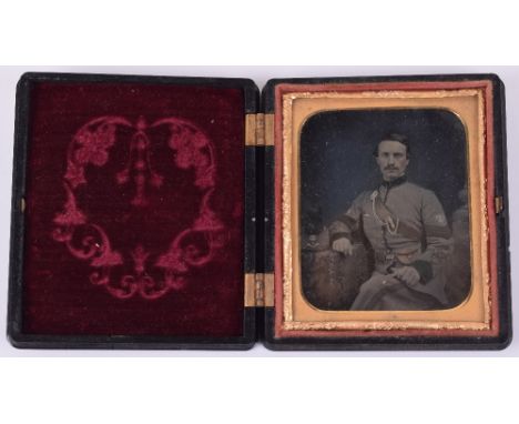 Victorian Rifle Volunteers Ambrotype Cased Photograph, fine example showing seated staff sergeant in full dress uniform with 