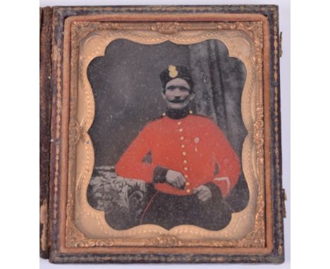 Victorian Coloured Ambrotype Photograph Royal Marines Light Infantry, fine example showing an enlisted ranks in short shell t