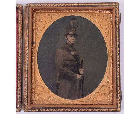 Victorian Coloured Ambrotype Photograph Rifle Volunteer, fine three quarter length image showing a rifleman in full dress uni