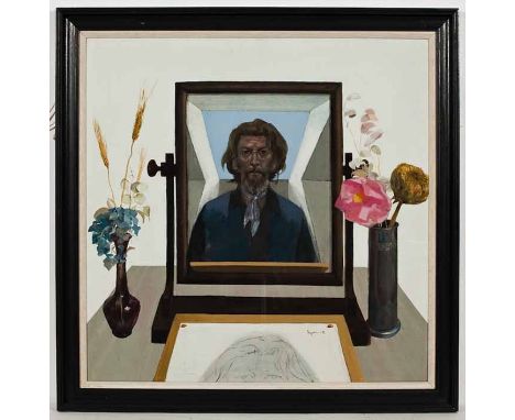 * DANNY FERGUSON RSW RGI (SCOTTISH 1925 - 1993), 
SELF PORTRAIT 
oil on board, signed 
90cm x 90cm 
Framed and under glass