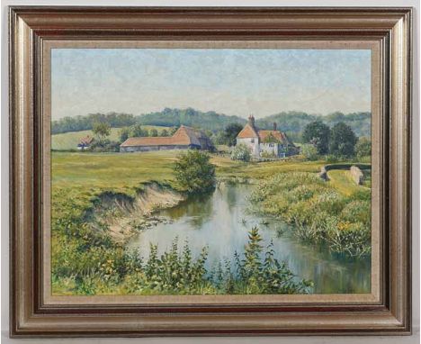 * MERVYN GOODE (BRITISH b.1948),
A SUSSEX FARMHOUSE ON THE RIVER ARUN
oil on canvas, signed
51cm x 67cm (20 x 26 inches)
Fram