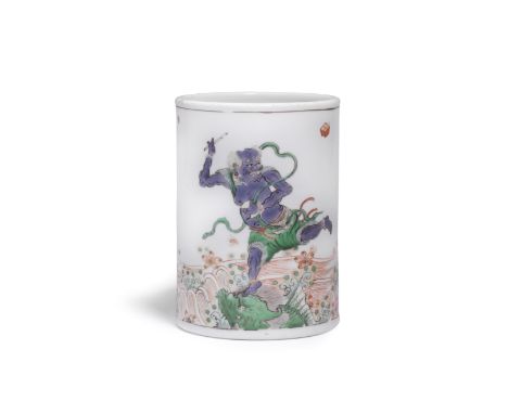 A FINE FAMILLE VERTE 'KUI XING' BRUSHPOT, BITONGKangxiThe cylindrical vessel with straight sides finely enamelled around the 