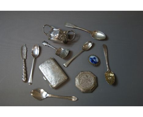 A collection of mixed Georgian and later silver, to include spoons, a cigarette case, an Edwardian butter knife, a continenta