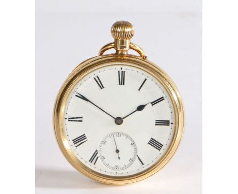 18 carat gold open face pocket watch, the backplate engraved Usher &amp; Cole London, the white enamel dial with Roman numera