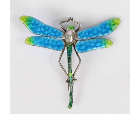 Turquoise and green enamel dragonfly brooch, with blister pearl set abdomen, 51.5mm wide, 46mm high