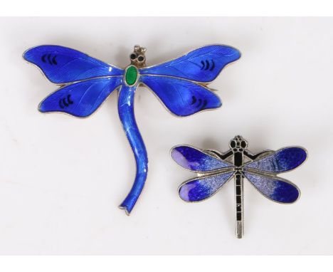 Sterling silver and blue enamel decorated dragonfly brooch, 50.5mm wide, 39.5mm high, smaller white metal and blue enamel dra