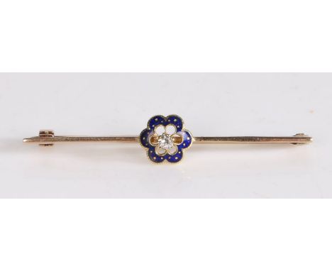 A diamond and enamel bar brooch, the central diamond with a blue enamel petal edge attached to the bar brooch, alterations, 2