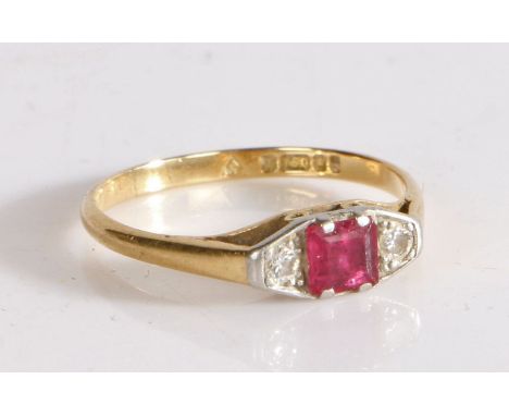 18 carat gold ruby and diamond set ring, the central ruby flanked by a diamond to either side, 1.8 grams ring size L 1/2