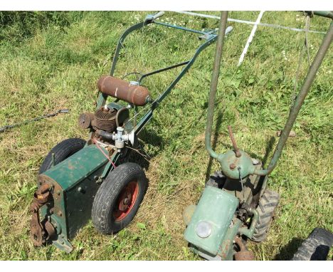 A Vintage Villiers multipurpose garden tractor with single cylinder engine finished in green and one other garden tractor (2)