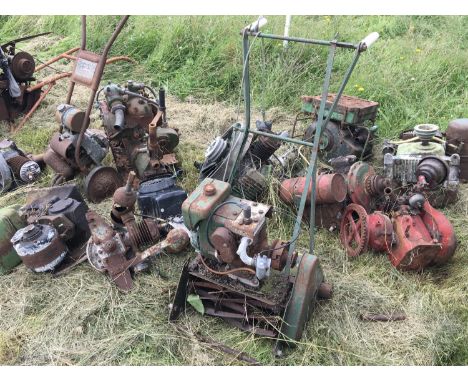 A collection of vintage small static engine including a Stuart two cylinder engine and a vintage lawn mower.