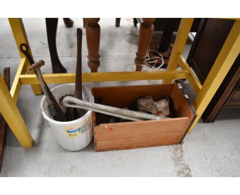 A drawer and a bucket of vintage tools etc
