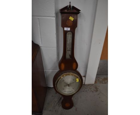 An Edwardian mahogany banjo aneroid barometer, having line and shell inlay decoration , broken thermometer scale, approx. len