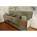 A Stainless Steel Triple Pot Wash Sink with Two Overhead Shower Lances (NOTE: Needs a Method