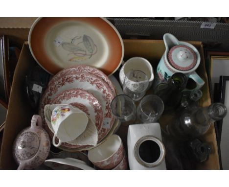 An assorted selection of items including a vintage glass baby's feeding bottle, an oriental style vase, a Susie Cooper displa