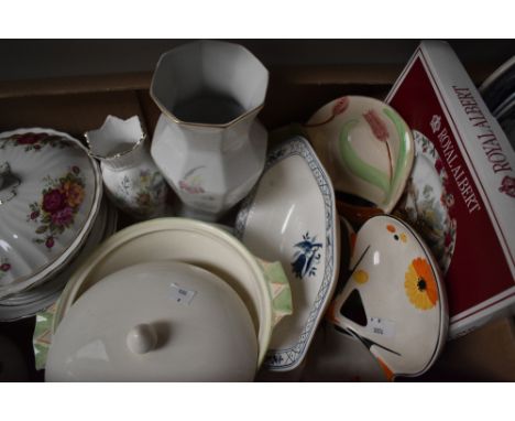 A boxed Royal Albert old country roses clock, two similar Myott 'Rose Garden' tureens, an Aynsley 'Wild Tudor' vase, Avon war