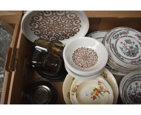 A vintage retro smoked glass part dinner service (18 pieces approx), four mid century pryrex steak plates, and Indian Tree pa