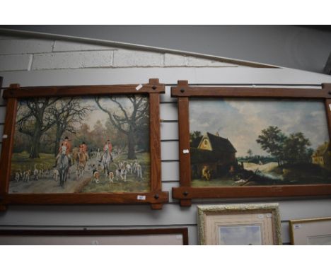 After R L Harvey (1888-1973) a coloured print depicting a hunting scene, rustically framed in oak 84 x 63 cm sold along with 