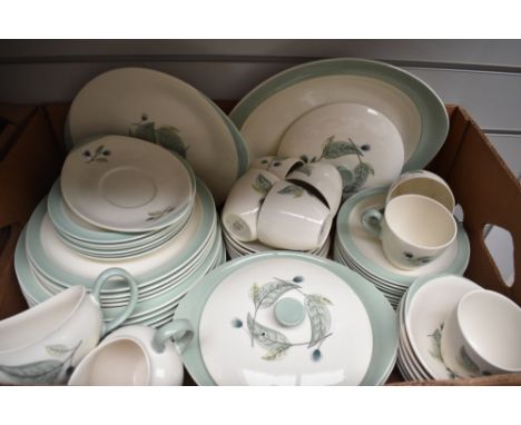 A quantity of Wedgwood Woodbury patterned tableware, comprising teacups and saucers, toast rack, dinner plates, sauce boat, l