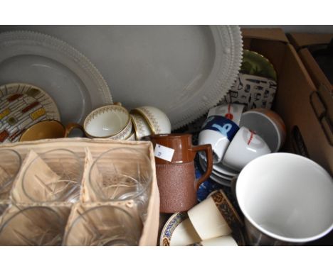 A selection of part tea and coffee services, a large white ceramic meat platter and matching dish, a set of twelve cut glass 