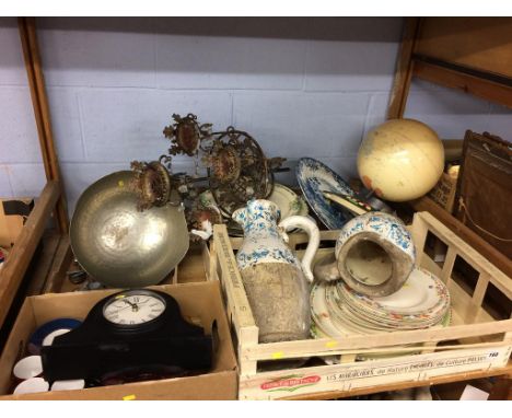 A shelf of assorted, to include jugs and a light fitting etc. 