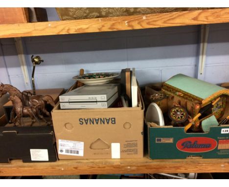 A shelf of assorted, to include horse ornaments etc. 