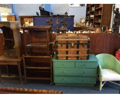 A Lloyd Loom chair, trunk, two trolleys and a painted chest of drawers etc.