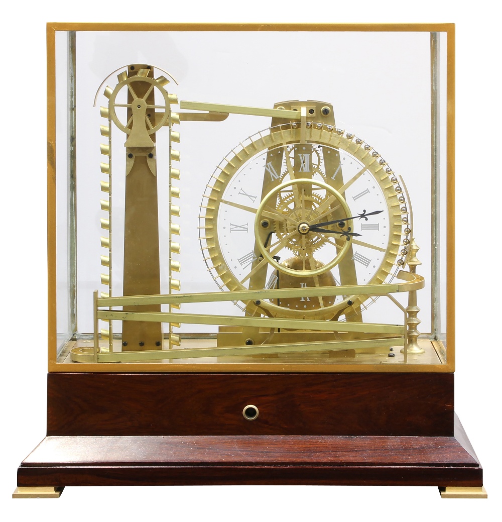 French mystery water wheel ball bearing industrial clock, having a