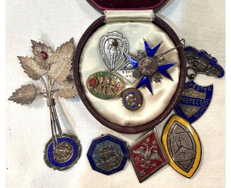 A Florence Nightingale school nurse badge in silver and enamel; other enamel badges 