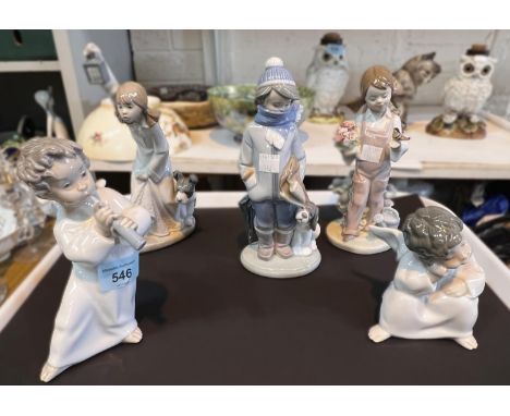 2 Lladro figures of children and 2 Lladro angels; a Nao figure of a girl with a dog. 
