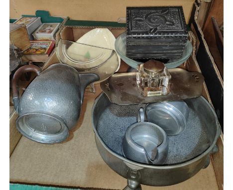 A glass square inkwell in brass dish; a pewter bowl; a tea caddy; etc. 