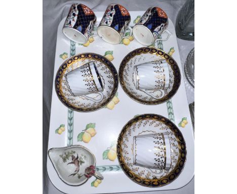 Three early 19th century Derby coffee cans, 3 similar cups and saucers, a fish sauce jug (a/f) 
