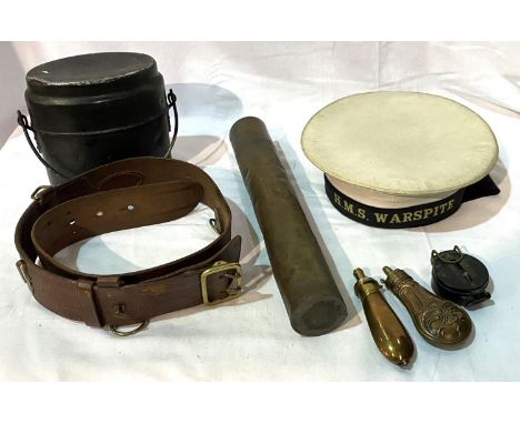 A selection of military items, shot flask, cap, leather belt, etc 