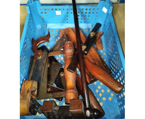 A selection of vintage tools and treen, several with brass fittings and mounts 
