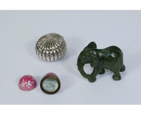 A white metal box; an enamelled box; a jade coloured hardstone elephant 