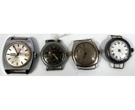 An early wristwatch with enamel dial and bezel; a 1970's square watch with checked decoration; 2 others 