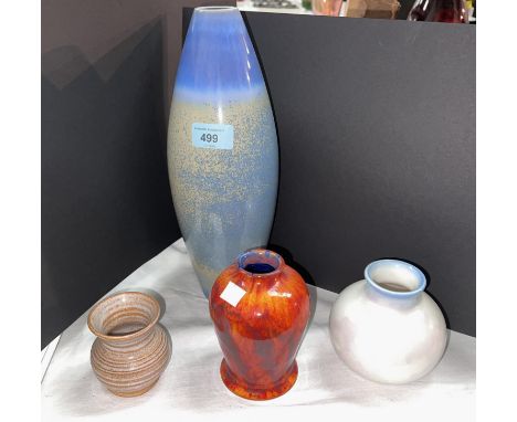 Two Corbridge vases, heights 32cm &amp; 9cm; a Poole small spherical vase; a Buckfast vase 