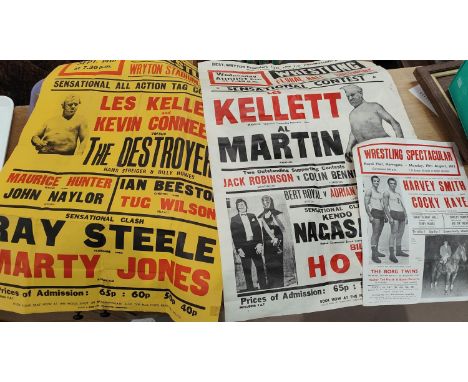 Two vintage wrestling posters - Wryton Station Floral Hall, Les Kellett etc and another smaller 