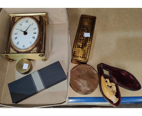 A circular brass snuff box, engraved: "Laurence Bingham 1772;&nbsp; a reproduction mantle clock; a folding cup; a boxed Meers