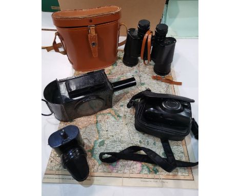 Two vintage lanterns; a pair of cased binoculars; a Pentax camera; an antique map on cloth of Birmingham and environs 