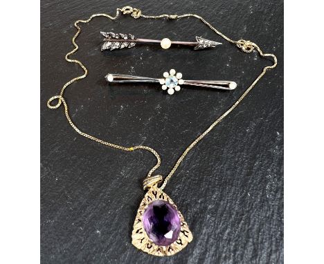 An Edwardian yellow metal bar brooch with seed pearls and aquamarine coloured stone (unmarked); a arrow shaped bar brooch set