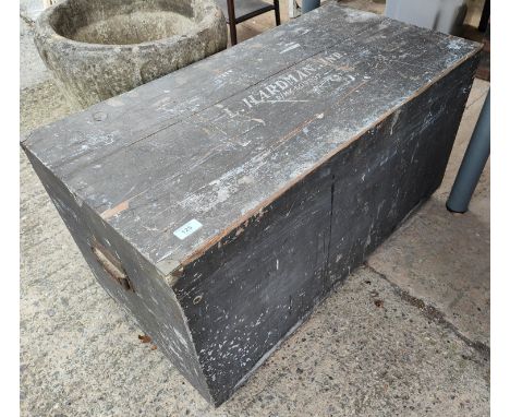 A military style stained pine trunk; a similar smaller trunk and a rough pine box 