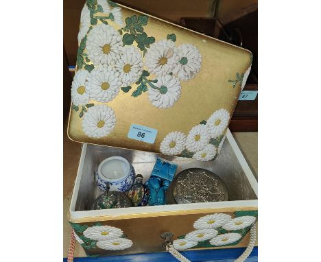 A Japanese gilt wooden box with embossed flowers and a pear shaped cloisonné snuff bottle; etc. 