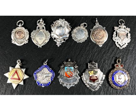 SILVER FOBS: 5 Vintage silver and enamel fobs, 69gm; SILVER FOBS: 6 vintage silver fobs, 44gms 