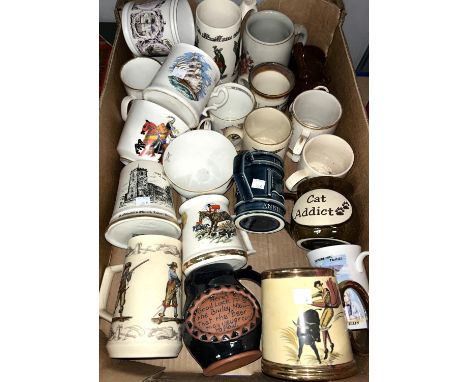 A select ceramic tankards and large cups advertising a little wares Including Royal Commemorative items; a vintage Bakelite c