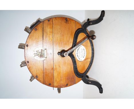 Victorian rotary knife sharpener and polisher in wood, cast iron and sharkskin, William Wilson & Co, Ironmongers of Mancheste